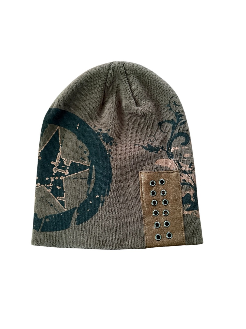 Vintage Men’s Brown & Black Star Graphic Beanie Eyelet Detail Winter Hat Toque